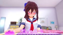 1girl 3d animated blue_eyes brown_hair female_masturbation headset hikamo123 looking_at_viewer masturbation mikumikudance_(medium) minase_hikari computer_mouse original school_uniform solo sound video