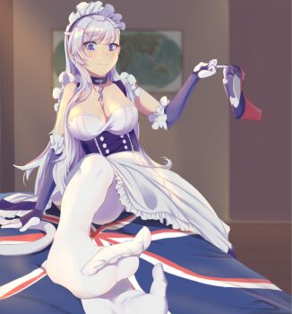 1girl apron arm_guards azur_lane belfast_(azur_lane) black_choker blurry blurry_background blush breasts chain choker cleavage collar commentary_request corset dress elbow_gloves feet frills gloves large_breasts long_hair maid maid_apron maid_headdress map pantyhose pov pov_hands purple_eyes purple_gloves qingjiao_rou_si shoes silver_hair sitting sleeveless sleeveless_dress smile solo_focus unworn_shoes waist_apron white_apron white_dress white_gloves white_pantyhose world_map