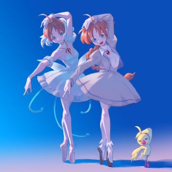 2girls absurdres ahiru_(duck)_(princess_tutu) ahiru_(princess_tutu) ahoge bakage ballerina ballet ballet_slippers bare_shoulders bird blue_eyes bracelet commentary crown dress dual_persona duck en_pointe english_commentary footwear_ribbon gold_crown_academy_school_uniform highres jewelry multiple_girls necklace orange_hair princess_tutu princess_tutu_(character) school_uniform short_hair smile tutu