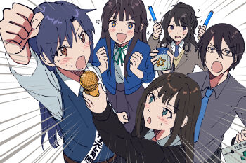 Rule 34 | + +, 1boy, 4girls, arm up, black hair, blue eyes, blue hair, blue necktie, blue sweater vest, brown eyes, brown hair, clenched hand, collared shirt, commentary request, emphasis lines, glasses, glowstick, green eyes, grey shirt, highres, holding, holding first aid kit, holding glowstick, holding microphone, idolmaster, idolmaster (classic), idolmaster cinderella girls, idolmaster million live!, idolmaster shiny colors, idolmaster side-m, in-franchise crossover, kazano hiori, kisaragi chihaya, kuzuya ramurin, long hair, microphone, mogami shizuka, multiple girls, necktie, open mouth, sakuraba kaoru, sash, shibuya rin, shirt, short hair, sweater vest