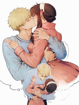 1boy 1girl absurdres arm_around_back blonde_hair blue_shirt blush brown_hair coat commentary ear_blush earrings hairband hashtag-only_commentary hetero highres hug image_in_thought_bubble jewelry kiss looking_at_another maiii_(smaii_i) pink_coat ring shirt speech_bubble spy_x_family sweat thought_bubble twilight_(spy_x_family) twitter_username white_background white_hairband yor_briar