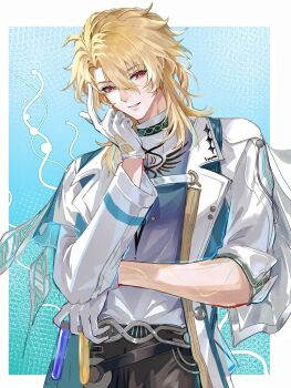 1boy absurdres aqua_background blonde_hair border chinese_commentary coat commentary_request cowboy_shot gloves gradient_background hair_between_eyes hand_up highres holding holding_test_tube junzi_shen_du long_hair looking_at_viewer luuk_herssen_(wuthering_waves) male_focus multicolored_hair parted_lips red_eyes shirt smile solo streaked_hair test_tube white_border white_coat white_gloves white_shirt wuthering_waves