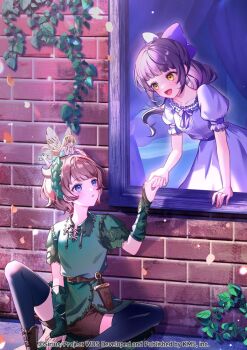 2girls :d blue_eyes bow brick_wall brown_hair dress hair_bow highres multiple_girls official_art open_mouth petals purple_hair sasuga_chisa short_hair short_sleeves shorts sitting smile thighhighs umeno_shii watermark world_dai_star yanagiba_panda yellow_eyes