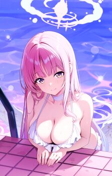 1girl absurdres angel_wings bikini blue_archive blush breasts chepill choker cleavage closed_mouth collarbone feathered_wings halo highres large_breasts long_hair looking_at_viewer low_wings mika_(blue_archive) mika_(swimsuit)_(blue_archive) official_alternate_costume official_alternate_hairstyle pink_hair pink_halo poolside purple_eyes smile solo swimsuit very_long_hair white_bikini white_choker white_wings wing_ornament wings