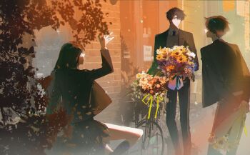 1girl 2boys absurdres arms_behind_back black_hair black_jacket black_necktie black_vest bouquet cowboy_shot day feet_out_of_frame flower han_sooyoung hand_up highres holding holding_behind_back holding_bouquet jacket kim_dokja lens_flare multiple_boys necktie omniscient_reader&#039;s_viewpoint outdoors roellm shirt short_hair sitting tree vest white_shirt yoo_joonghyuk