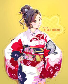 Rule 34 | 1girl, bag, brown eyes, brown hair, carina (xiaowoo), commentary request, copyright name, earrings, floral print, floral print kimono, floral print sash, flower, hair bun, hair flower, hair ornament, hair stick, hairclip, handbag, hands on own hips, highres, holding, holding bag, japanese clothes, jewelry, kimono, kishi mieko, makeup, new year, obi, obijime, onna shunin kishi mieko, print kimono, sash, signature, single hair bun, solo, standing, yellow background