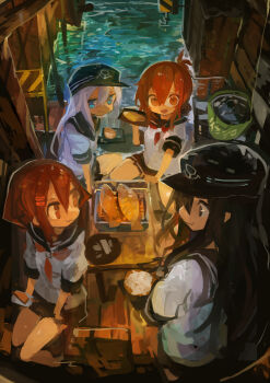 4girls absurdres akatsuki_(kancolle) anchor_symbol black_hair black_skirt blue_eyes bowl brown_hair bucket commentary_request fish_(food) flat_cap folded_ponytail food grill hair_ornament hairclip hat hibiki_(kancolle) highres ikazuchi_(kancolle) inazuma_(kancolle) kaamin_(mariarose753) kantai_collection long_hair multiple_girls neckerchief open_mouth plate red_neckerchief repair_bucket rice school_uniform serafuku sitting skirt water white_hair