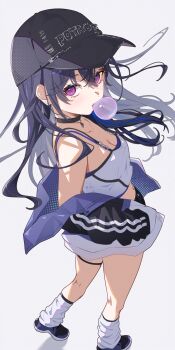 Rule 34 | 1girl, bare shoulders, baseball cap, black choker, black hat, black shoes, black shorts, black sleeves, blowing bubbles, breasts, choker, cleavage, commentary request, crop top, earrings, from side, hand in pocket, hat, highres, ichinose uruha, jacket, jewelry, kneehighs, long sleeves, loose socks, medium breasts, midriff, multicolored hair, navel, off shoulder, purple eyes, shirt, shoes, shorts, simple background, sleeveless, sleeveless shirt, socks, solo, spaghetti strap, streaked hair, thigh strap, thighs, toki (toki ship8), undershirt, virtual youtuber, vspo!, white background, white jacket, white shirt, white socks