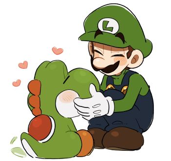 2boys blue_overalls blush brown_hair closed_eyes colored_skin dinosaur facial_hair full_body gloves green_hat green_shirt green_skin hand_on_another's_head happy hat headpat heart highres long_sleeves luigi male_focus mario_(series) mimimi_(mimimim9999) multiple_boys mustache nintendo overalls patting reptile_boy shell shirt shoes short_hair simple_background sitting smile squatting tail tail_wagging white_background white_gloves yoshi