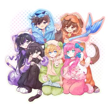 2girls 4boys :d :o :t absurdres alternate_costume animal_costume aubrey_(faraway)_(omori) aubrey_(omori) basil_(faraway)_(omori) basil_(omori) bell black_eyes black_hair black_jumpsuit blonde_hair blue_bow blue_eyes blue_hoodie blue_outline book book_on_lap bow bowtie brother_and_sister brothers brown_eyes brown_hair cat_costume chinese_commentary closed_mouth collar commentary_request dog_costume dog_tail double-parted_bangs fins fish_tail frilled_hair_tubes frills full_body goat_costume gradient_outline green_hoodie green_outline green_pants hair_behind_ear hair_between_eyes hair_tubes halftone halftone_background hand_on_another&#039;s_head hands_on_another&#039;s_cheeks hands_on_another&#039;s_face hero_(faraway)_(omori) hero_(omori) highres holding holding_book holding_stuffed_toy hood hood_bow hood_up hoodie index_finger_raised jumpsuit kel_(faraway)_(omori) kel_(omori) knees_up long_hair long_sleeves looking_at_another looking_at_object mari_(faraway)_(omori) mari_(omori) mewo mr._jawsum multicolored_hair multiple_boys multiple_girls neck_bell no_sclera omori onesie open_book open_mouth outline pancake_bunny_(omori) pants pink_hair pink_jumpsuit pink_outline puffy_long_sleeves puffy_sleeves purple_bow purple_bowtie purple_hair purple_jumpsuit rabbit_costume raglan_sleeves red_collar red_outline shark_costume shark_tail siblings sidelocks simple_background sitting sleeves_past_wrists smile streaked_hair striped_bow striped_bowtie striped_clothes stuffed_animal stuffed_rabbit stuffed_toy sunny_(omori) sweatdrop swept_bangs tail two-tone_hair two-tone_hoodie v-shaped_eyebrows very_long_hair wariza white_background white_hoodie yangliyongyuanshiyangchui