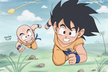 Rule 34 | 2boys, bald, bald male, black eyes, black hair, dragon ball, dragon ball (classic), flying nimbus, happy, highres, kuririn, multiple boys, running, smile, son goku