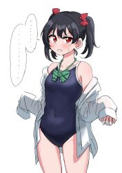 Rule 34 | ..., 1girl, absurdres, black hair, blue one-piece swimsuit, blush, bow, bowtie, breasts, collarbone, commentary request, covered navel, ereka, green bow, green bowtie, highres, long sleeves, looking at viewer, love live!, love live! school idol project, medium hair, one-piece swimsuit, open clothes, open shirt, red eyes, school swimsuit, shirt, sidelocks, small breasts, solo, spoken ellipsis, standing, sweat, swimsuit, twintails, upper body, v-shaped eyebrows, white background, white shirt, yazawa nico
