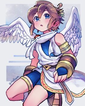 Rule 34 | 1boy, ahoge, ancient greek clothes, angel, angel wings, armlet, belt, blue eyes, blue shorts, bracer, brown belt, brown hair, feathered wings, gold armlet, gold thighlet, greco-roman clothes, highres, jewelry, kid icarus, kid icarus uprising, laurel crown, looking at viewer, nintendo, pit (kid icarus), red trim, short hair, shorts, single bare shoulder, thighlet, twitter username, undershirt, waffuum, white wings, wings