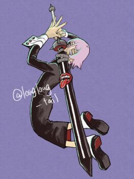 Rule 34 | 1other, alt text, artist name, black dress, blue background, commentary, crona (soul eater), dress, full body, highres, holding, holding sword, holding weapon, longlong tail, pink eyes, pink hair, ragnarok (soul eater), shoe soles, solo, soul eater, sword, tongue, tongue out, weapon, white wrist cuffs, wrist cuffs