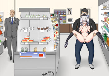 1boy 1girl anal artist_logo artist_name beret black_hair black_hat black_shirt black_socks blue_eyes blue_pants blurry blush breasts cash_register cashier censored chinese_commentary cleft_of_venus clothed_male_nude_female commentary completely_nude convenience_store counter covering_own_mouth depth_of_field double-parted_bangs english_commentary exhibitionism fat furrowed_brow glasses grey_hair hair_between_eyes hat hat_ribbon high_heels id_card indoors kantai_collection kashima_(kancolle) kashima_(lawson)_(kancolle) kneehighs lawson legs_up lifted_from_behind lifting_person logo long_sidelocks medium_breasts mixed-language_commentary mosaic_censoring multilingual_commentary nail_polish navel nipple_clamps nipple_pull nipple_stimulation nipples nude open_fly original pants people pink_nails ppshex public_indecency pussy reverse_suspended_congress ribbon sex sex_from_behind shelf shirt shop sidelocks signature smile socks spread_legs store_clerk story_in_commentary twintails unzipped