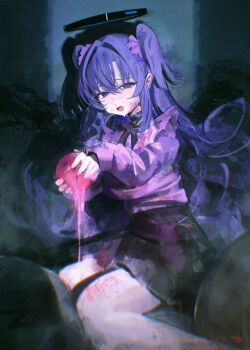 1girl apple black_bow black_choker black_skirt blue_archive blue_eyes blush bow breasts choker food fruit halo jirai_kei long_hair long_sleeves mechanical_halo open_mouth pink_shirt purple_eyes purple_hair renn_01 shirt skirt trash_bag two_side_up yuuka_(blue_archive)
