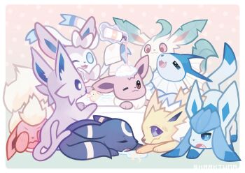:3 absurdres blue_eyes brown_eyes commentary covering_own_ears drooling eevee english_commentary espeon fang flareon gen_1_pokemon gen_2_pokemon gen_4_pokemon gen_6_pokemon glaceon happy highres jolteon leafeon lotion nintendo no_humans one_eye_closed open_mouth pokemon pokemon_(creature) pouring psyduck purple_eyes sharktuna soap sylveon telekinesis towel umbreon vaporeon