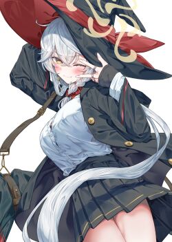 1girl ;) absurdres arm_up black_hat black_jacket black_skirt blue_archive blush bow bowtie braid breasts button_gap closed_mouth commentary cowboy_shot crossed_bangs diagonal-striped_bow diagonal-striped_bowtie diagonal-striped_clothes earrings eri_(blue_archive) gold_earrings gold_trim hair_between_eyes halo hand_up hat hat_ribbon heimu_(heim_kstr) highres hood hooded_jacket jacket jewelry large_breasts long_hair looking_at_viewer low-tied_long_hair multiple_rings one_eye_closed open_clothes open_jacket orange_eyes pleated_skirt red_bow red_bowtie red_ribbon red_trim ribbon ring shirt side_braid simple_background single_braid skirt sleeves_past_wrists smile solo strap striped_bow striped_bowtie striped_clothes two-sided_fabric two-sided_headwear very_long_hair w white_background white_hair white_shirt witch_hat yellow_halo