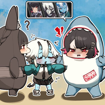 ? absurdres alternate_costume angry animal_costume animal_ears aqua_jacket black_hair black_necktie black_skirt blue_horns blue_oni blue_skin blue_sky blush body_fur chroong closed_eyes closed_mouth colored_inner_hair colored_skin ellen_joe fox_ears fox_girl furry furry_male game_screenshot_inset hair_between_horns highres horns hoshimi_miyabi jacket miyaboo_(zenless_zone_zero) mole mole_under_eye multicolored_hair multicolored_horns muzzle_(mask) necktie oni open_mouth razor_blade_hair_ornament red_eyes shark_costume shark_girl sharp_teeth shirt skin-covered_horns skirt sky soukaku_(zenless_zone_zero) sweat teeth two-tone_horns upper_teeth_only von_lycaon white_fur white_hair white_shirt wolf_boy wolf_ears zenless_zone_zero