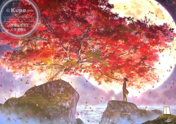 1other ambiguous_gender autumn_leaves black_pants coat commentary_request dated falling_leaves from_side full_moon grey_coat horizon kun52 lantern leaf moon night ocean original outdoors pants scenery shore standing tree watermark wide_shot