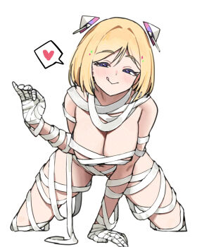 1girl aki_rosenthal bandaged_arm bandaged_chest bandaged_hand bandaged_leg bandages blonde_hair blush breasts cleavage commentary_request halloween_costume heart highres hololive large_breasts looking_at_viewer mummy_costume naked_bandage naughty_face navel purple_eyes simple_background smile solo spoken_heart stomach thighs tongue tongue_out twin_(tt_lsh) virtual_youtuber white_background
