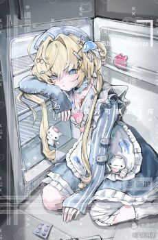 Rule 34 | 1girl, absurdres, ahoge, apron, bandaged leg, bandages, belt collar, blister pack, blonde hair, blue collar, blue dress, blue eyes, bow, cat, collar, commission, danhua gainai, dress, frilled apron, frills, hair between eyes, hair intakes, hat, highres, jellyfish hair ornament, leaning on object, long hair, long sleeves, looking at viewer, low twintails, mihuashi commission, on floor, original, pill, pill hair ornament, refrigerator, ribbon, sitting, solo, syringe, syringe hair ornament, tenshi kaiwai, too many watermarks, twintails, wariza, watermark, white apron, white bow, white ribbon
