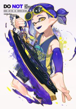 1boy artist_name bare_shoulders basketball_jersey blue_hair blue_ink blue_tongue colored_tongue commentary_request cropped_legs eyewear_on_head highres holding holding_weapon inkling inkling_boy inkling_player_character jinkoika male_focus nintendo open_mouth pointy_ears ponytail short_hair smile splatana_wiper_(splatoon) splatoon_(series) sunglasses tentacle_hair twitter_username watermark weapon yellow-framed_eyewear yellow_eyes