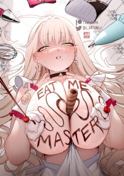 1girl apron blonde_hair blush breasts breasts_squeezed_together chocolate chocolate_on_body chocolate_on_breasts chocolate_syrup cream earrings food food_between_breasts food_on_body food_on_breasts food_writing frilled_apron frills green_eyes highres huge_breasts jewelry lady_(zasshu) large_breasts looking_at_viewer mole mole_under_mouth open_mouth original whipped_cream white_apron zasshu