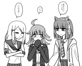 Rule 34 | 3girls, absurdres, ahoge, animal ear headphones, animal ears, ayase alisa, blunt bangs, blunt ends, bob cut, cat ear headphones, cat ears, closed eyes, collarbone, commentary, crossed arms, diagonal-striped clothes, diagonal-striped necktie, fake animal ears, greyscale, headphones, highres, hood, hooded jacket, ikizulive! love live! bluebird, in-franchise crossover, jacket, kishimen hair, long sleeves, looking at another, love live!, love live! nijigasaki high school idol club, love live! school idol festival all stars, love live! school idol project, monochrome, multiple girls, neckerchief, necktie, nijigasaki school uniform, open clothes, open jacket, pleated skirt, sailor collar, sasaki shion, school uniform, serafuku, short hair, short sleeves, simple background, skirt, sleeves past fingers, sleeves past wrists, speech bubble, striped clothes, tennoji rina, threetententen, trait connection, translation request, v-shaped eyebrows, white background