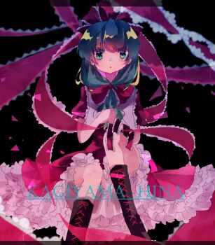 1girl :o black_background black_boots boots bow character_name commentary_request dress frilled_dress frills front_ponytail full_body green_eyes green_hair hair_bow kagiyama_hina lace-up_boots long_hair looking_at_viewer one-hour_drawing_challenge open_mouth red_bow red_dress shinjitsu_no_kuchi solo touhou