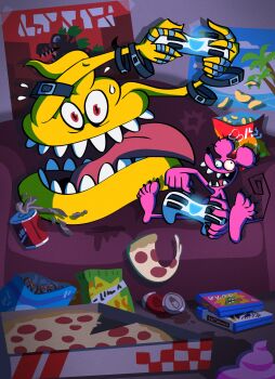 Rule 34 | digimon, digimon (creature), food, happy, highres, pizza, playing games, scumon, smile, teeth, tyumon