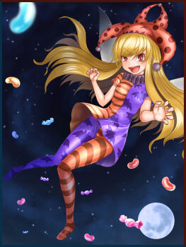 1girl :d alternate_color animal_print bat_print blonde_hair breasts candy claw_pose clownpiece commentary_request dress fairy_wings food full_body full_moon halloween harunoha hat highres jelly_bean jester_cap leggings long_hair looking_at_viewer moon neck_ruff night night_sky open_mouth orange_dress orange_hat orange_leggings purple_dress purple_leggings red_eyes sky small_breasts smile solo star_(sky) starry_sky striped_clothes striped_dress striped_leggings touhou two-tone_dress v-shaped_eyebrows very_long_hair white_wings wings