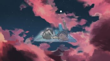 2girls above_clouds angela_he black_shirt brown_hair cloud denim from_side full_body full_moon highres jeans long_hair lying missed_messages moon multiple_girls night non-web_source official_art on_back on_side pants pink_clouds pink_hair shirt short_hair sky spaghetti_strap star_(sky) starry_sky t-shirt