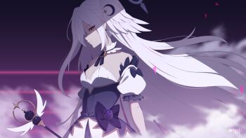 1girl artist_name bare_shoulders blue_archive commentary_request crescent crescent_hair_ornament dress earrings expressionless hair_ornament halo head_wings highres holding holding_staff jewelry long_hair looking_at_viewer mage_staff magical_girl meruki official_alternate_costume red_eyes scene_reference shaded_face signature single_head_wing solo staff star_(symbol) star_earrings strapless strapless_dress suzumi_(blue_archive) suzumi_(magical)_(blue_archive) upper_body very_long_hair white_dress white_hair wings