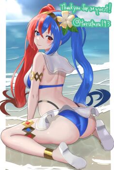 1girl alternate_hairstyle anklet armlet ass beach bikini blue_bikini blue_eyes blue_hair blue_sky blush breasts closed_mouth crossed_bangs female_alear_(fire_emblem) female_alear_(seaside_dragon)_(fire_emblem) fire_emblem fire_emblem_engage fire_emblem_heroes flower gold_armlet gold_thighlet hair_flower hair_ornament hairband heterochromia highres jewelry large_breasts long_hair multicolored_bikini multicolored_hair multicolored_swimsuit nintendo ocean official_alternate_costume official_alternate_hairstyle outdoors ponytail red_bikini red_eyes red_hair sandals showgirl_skirt sitting sky smile solo split-color_hair swimsuit tarutaru193 thighlet twintails two-tone_hair very_long_hair wariza water white_bikini