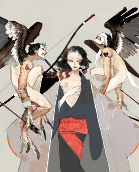 1girl arrow_(projectile) bird_legs black_hair blindfold bow_(weapon) claws holding holding_arrow holding_bow_(weapon) holding_weapon japanese_clothes kimono monster nude original raiu size_difference tattoo weapon white_facepaint wings