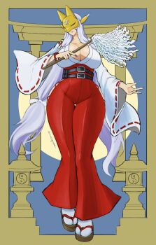 1girl border breasts brown_border cleavage commentary_request curvy digimon digimon_(creature) facial_mark fox_mask full_body hakama hakama_pants highres huge_breasts japanese_clothes kimono looking_at_viewer mas_square mask nontraditional_miko pants red_hakama sakuyamon sakuyamon:_miko_mode smile solo torii white_kimono wide_hips wide_sleeves