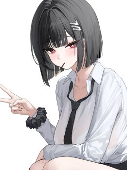 1girl absurdres black_necktie blue_archive bob_cut bra bra_visible_through_clothes breasts food food_in_mouth highres large_breasts looking_at_viewer necktie pocky pocky_in_mouth red_eyes rio_(blue_archive) sab_(sab2500) shirt short_hair squatting underwear unfinished v white_background white_bra white_shirt