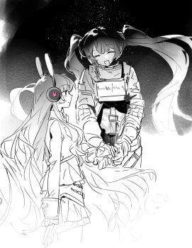2girls :d ^_^ animal_ear_headphones animal_ears closed_eyes closed_mouth commentary_request fake_animal_ears gloves greyscale hatsune_miku headphones highres long_hair long_sleeves megurine_luka merry-go-round_(pp90705148) monochrome multiple_girls open_mouth outdoors rabbit_ear_headphones rabbit_ears shirt smile space spacesuit spot_color twintails vocaloid