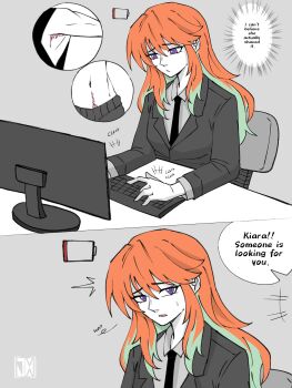 2girls alternate_costume armpit_hair breasts business_suit cameo chair collared_shirt formal_clothes highres hololive hololive_english jasper_xandros large_breasts long_hair mori_calliope multicolored_hair multiple_girls office office_chair office_lady open_mouth orange_hair pubic_hair pubic_hair_peek shirt suit swivel_chair takanashi_kiara virtual_youtuber