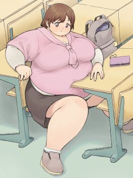 1girl bag breasts brown_hair brown_skirt cleavage closed_mouth commentary_request desk fat highres huge_breasts inconvenient_belly katou_(katohayabusa) long_sleeves medium_hair original pink_shirt shadow shirt shoes short_sleeves sitting skirt solo tareme thick_arms thick_thighs thighs