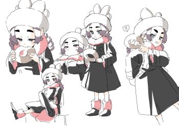 1girl ansha_(pokemon) backpack bag blue_eyes blush boots braid coat donut eating food full_body grey_hair grin hat mrsusan_desu multiple_views pokemon pokemon_legends:_z-a scarf sitting smile solo