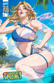 1girl beach bikini blonde_hair blue_eyes breasts commission earrings fantastic_four highres jewelry jhony_caballero marvel marvel_rivals one-piece_swimsuit solo sue_storm swimsuit