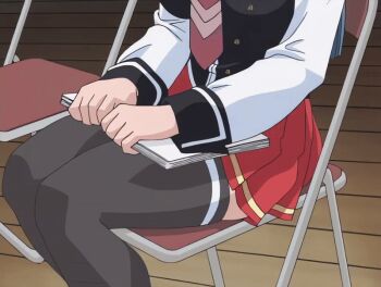 00s 1girl 2002 animated animated_gif aqua_hair aroused bible_black bible_black_gaiden blue_hair bow bowtie breasts female_focus glasses green_hair large_breasts long_hair mochida_junko necktie red_skirt school school_assembly school_hall school_uniform sitting skirt tagme thighhighs