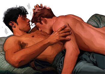 Rule 34 | 2boys, absurdres, bed, belt, black hair, blue nails, blue pants, breath, brown belt, brown hair, commentary, denim, dutch angle, earrings, hand on another's arm, hand on another's head, highres, jeans, jewelry, lying, male focus, medium sideburns, multiple boys, nail polish, nipples, noahdeaart, nude, on back, original, pants, pectorals, piercing, pillow, stud earrings, sucking male nipple, symbol-only commentary, topless male, unworn belt, upper body, yaoi