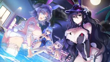 4girls animal_ear_hairband animal_ears ass back bare_back black_eyes black_hair blue_eyes blue_hair blush bow bowtie breasts butt_crack cleavage clothing_cutout collarbone commentary_request crossover detached_collar dolphin_wave fake_animal_ears fubuki_(senran_kagura) grey_hair hairband high_heels highleg highleg_leotard in_water large_breasts leotard long_hair looking_at_viewer medium_hair moon multiple_girls navel nayuki_hiori night night_sky official_alternate_costume official_alternate_hairstyle official_art one-piece_swimsuit outdoors palm_tree playboy_bunny playboy_bunny_swimsuit pool purple_hair rabbit_ear_hairband rabbit_ears rabbit_tail red_eyes schnee_weissberg senran_kagura sideboob sky small_breasts smile standing star_(sky) starry_sky strapless strapless_leotard strapless_one-piece_swimsuit swimsuit thighhighs tree two_side_up visor_cap white_headdress white_thighhighs yaegashi_nan yumi_(senran_kagura)