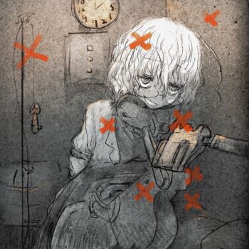 1girl ahoge bags_under_eyes bound bound_arms breasts clock commentary_request dental_chair glasses grin hair_between_eyes half-closed_eyes head_rest highres kagaku_chop lab_coat looking_at_viewer machine medium_hair nervous_smile payama restrained ringed_eyes sanpaku shirt sitting sitting_backwards small_breasts smile solo suzuzono_sai wall_clock wavy_hair x_(symbol)