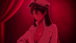 1boy 1girl aftersex animated anime_screenshot bambietta_basterbine black_hair bleach bleach:_sennen_kessen-hen blood blood_on_face boots bored breasts chair cleavage closed_eyes corpse death expressionless gloves hair_between_eyes half-closed_eyes hanging_breasts hat jacket large_breasts legs long_hair looking_to_the_side military_uniform mole mole_under_eye nightstand open_clothes open_jacket quincy_(bleach) red_light screaming sound sternritter table tagme thighs unamused unzipping video violence zipper