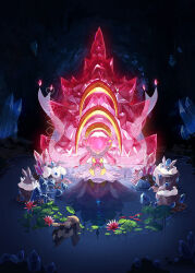 artist_name carbink cave_interior closed_eyes commentary crystal darkvoiddoble diancie fish gen_3_pokemon gen_6_pokemon highres legendary_pokemon mega_diancie mega_pokemon mythical_pokemon nintendo no_humans own_hands_together pokemon pokemon_(creature) relicanth water watermark