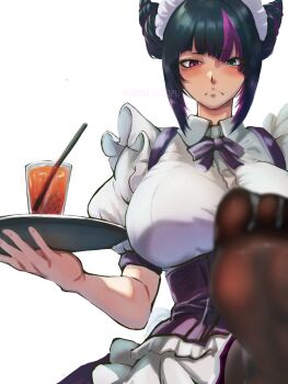 1girl :c arm_up black_pantyhose blue_eyes blush bow bowtie breasts bubble_tea collared_shirt cone_hair_bun frilled_hairband frills frown hair_bun hairband han_juri heterochromia highres holding holding_tray large_breasts maid multicolored_hair pantyhose pleated_skirt puffy_short_sleeves puffy_sleeves purple_eyes satopuu shirt short_sleeves sidelocks skirt street_fighter toes tray two-tone_hair white_shirt